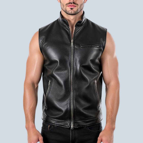 Men Black Leather Minimal Biker Vest