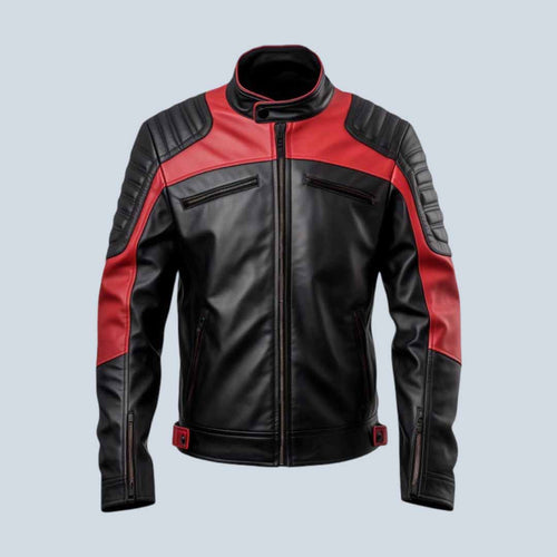 Men Black Red Biker Leather Quilted Slim Fit Jacket