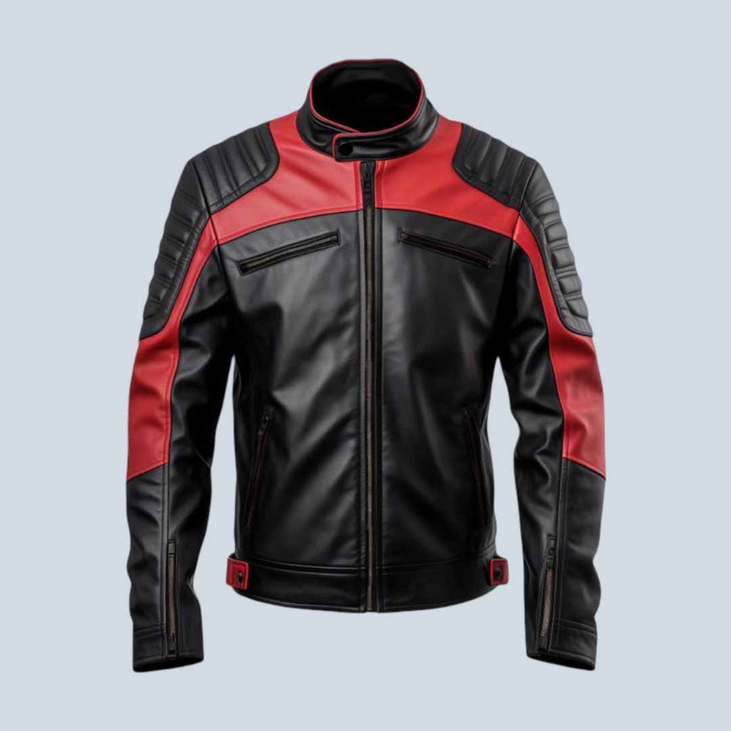 Men Black Red Biker Leather Quilted Slim Fit Jacket