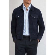 Load image into Gallery viewer, Men Blue Suede Leather Biker Jacket with Classic Motorcycle Style
