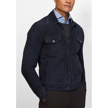 Load image into Gallery viewer, Men Blue Suede Leather Biker Jacket with Classic Motorcycle Style
