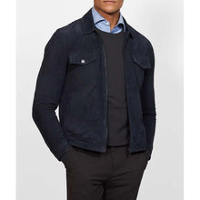 Load image into Gallery viewer, Men Blue Suede Leather Biker Jacket with Classic Motorcycle Style
