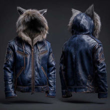 Load image into Gallery viewer, New men blue sheepskin wolf ear leather jacket with fur hood by Glory Store UK
