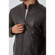 Load image into Gallery viewer, Men Brown Lambskin Leather Biker Jacket with Slim Fit Moto Style
