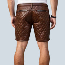 Load image into Gallery viewer, Men Brown Quilted Sheep Leather Shorts with Diamond Stitch Design
