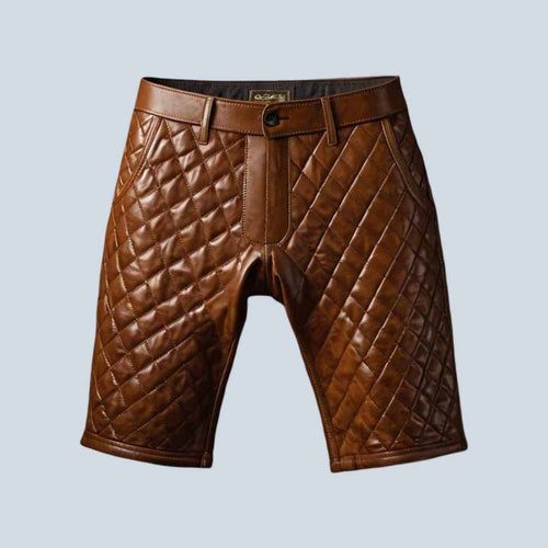 Men Brown Quilted Sheep Leather Shorts with Diamond Stitch Design