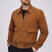 Load image into Gallery viewer, Men Brown Suede Leather Bomber Jacket with Classic Flight Fit
