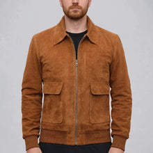 Load image into Gallery viewer, Men Brown Suede Leather Bomber Jacket with Classic Flight Fit

