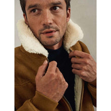 Load image into Gallery viewer, Men Brown Suede Leather Bomber Jacket with Fur Collar Flight Style

