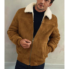 Load image into Gallery viewer, Men Brown Suede Leather Bomber Jacket with Fur Collar Flight Style
