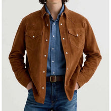 Load image into Gallery viewer, Men Brown Suede Leather Shirt Jacket with Custom Tailored Style

