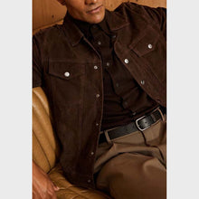 Load image into Gallery viewer, Men Brown Suede Leather Trucker Jacket with Custom Made Design
