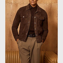 Load image into Gallery viewer, Men Brown Suede Leather Trucker Jacket with Custom Made Design
