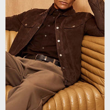 Load image into Gallery viewer, Men Brown Suede Leather Trucker Jacket with Custom Made Design
