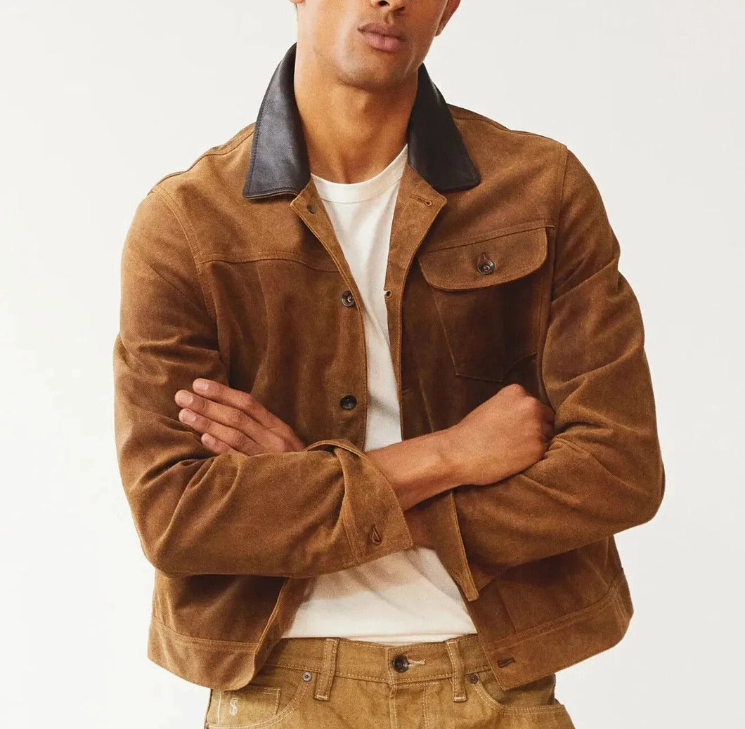 Men Brown Suede Leather Trucker Jacket – Custom Made