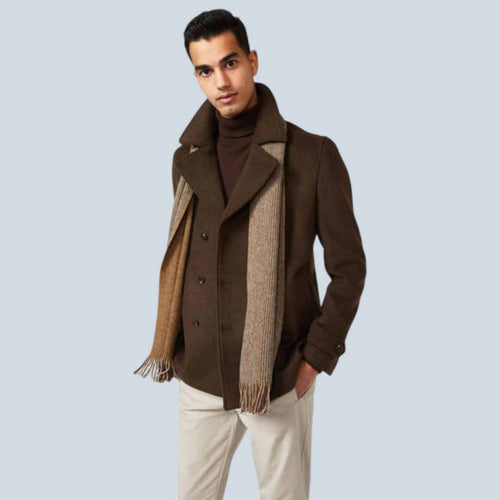 Men Brown Wool Blend Fleece Peacoat