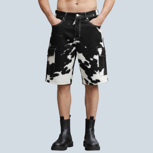 Men Cow Print Leather Cargo Shorts Cowboy Y2K Style