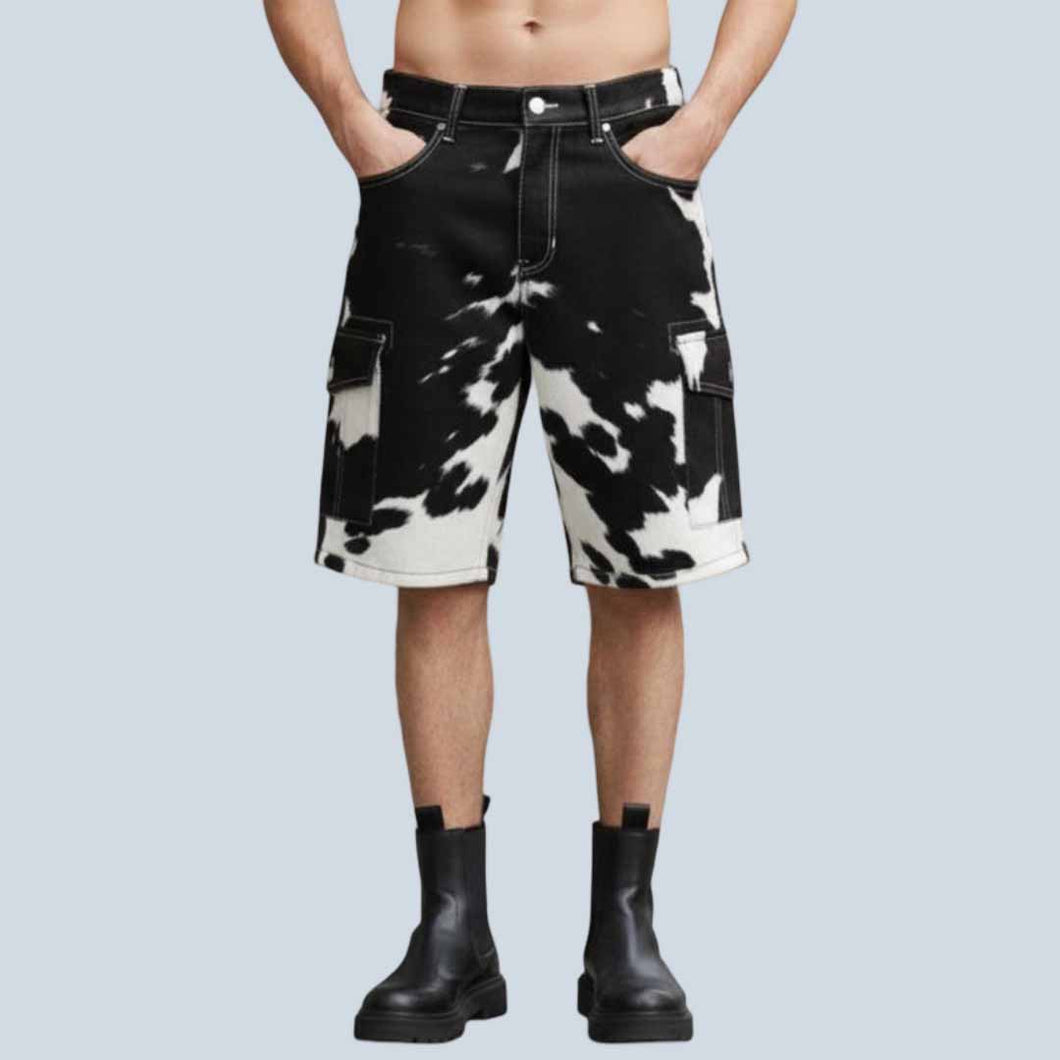 Men Cow Print Leather Cargo Shorts Cowboy Y2K Style