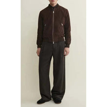 Load image into Gallery viewer, Men Dark Brown Suede Leather Bomber Jacket with Classic Flight Style
