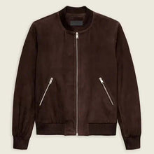 Load image into Gallery viewer, Men Dark Brown Suede Leather Bomber Jacket with Classic Flight Style
