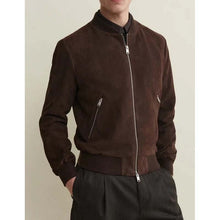 Load image into Gallery viewer, Men Dark Brown Suede Leather Bomber Jacket with Classic Flight Style
