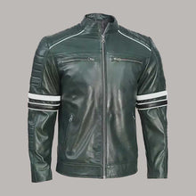 Load image into Gallery viewer, Men Dark Green Quilted Leather Biker Jacket
