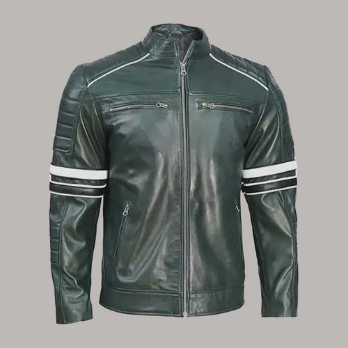 Men Dark Green Quilted Leather Biker Jacket