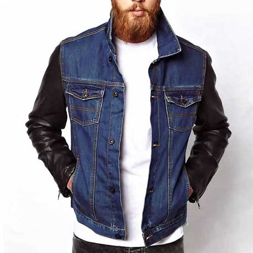 Men Denim Jacket with Black Leather Sleeves in Blue