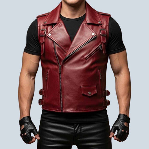 Men Maroon Leather Gothic Biker Vest