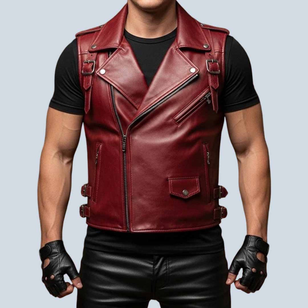 Men Maroon Leather Gothic Biker Vest