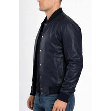Load image into Gallery viewer, Men Navy Blue Lambskin Leather Bomber Jacket with Slim Flight Fit
