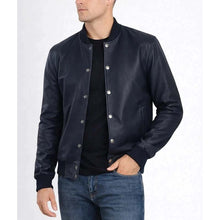 Load image into Gallery viewer, Men Navy Blue Lambskin Leather Bomber Jacket with Slim Flight Fit
