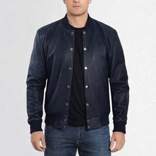 Load image into Gallery viewer, Men Navy Blue Lambskin Leather Bomber Jacket with Slim Flight Fit
