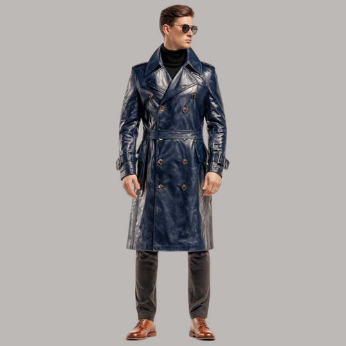 Men Navy Blue Leather Trench Coat