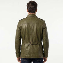 Load image into Gallery viewer, Men Olive Green Leather Field Jacket with Military Safari Utility Style

