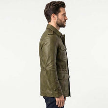Load image into Gallery viewer, Men Olive Green Leather Field Jacket with Military Safari Utility Style
