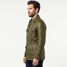 Load image into Gallery viewer, Men Olive Green Leather Field Jacket with Military Safari Utility Style
