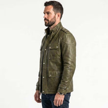 Load image into Gallery viewer, Men Olive Green Leather Utility Jacket with Gorpcore Cargo Pocket Style
