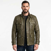 Load image into Gallery viewer, Men Olive Green Leather Utility Jacket with Gorpcore Cargo Pocket Style
