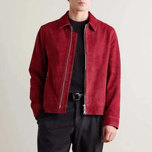Load image into Gallery viewer, Men Red Suede Leather Cafe Racer Jacket with Lightweight Motorcycle Style
