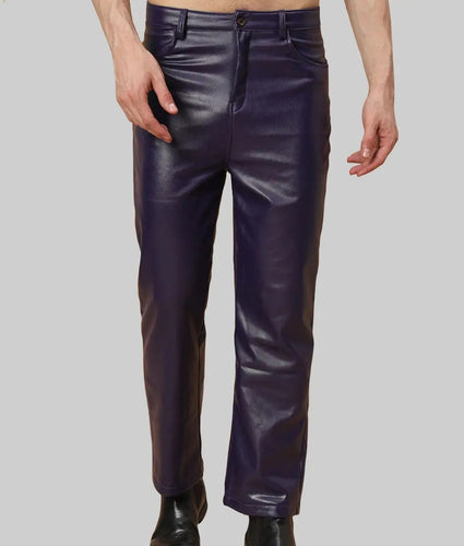 Men Regular Style Purple Leather Pants