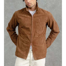 Load image into Gallery viewer, Men Tan Suede Leather Racer Jacket with Custom Motorcycle Fit
