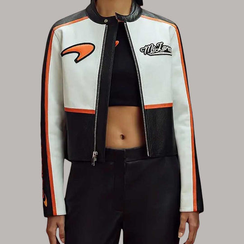 Men Vintage Black White Orange Racing Leather Jacket