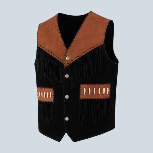 Men Western Suede Leather Vest with Fringe and Beads