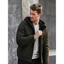 Load image into Gallery viewer, Men's Brown Sheepskin Shearling Jacket With Hood in B3 Winter Style
