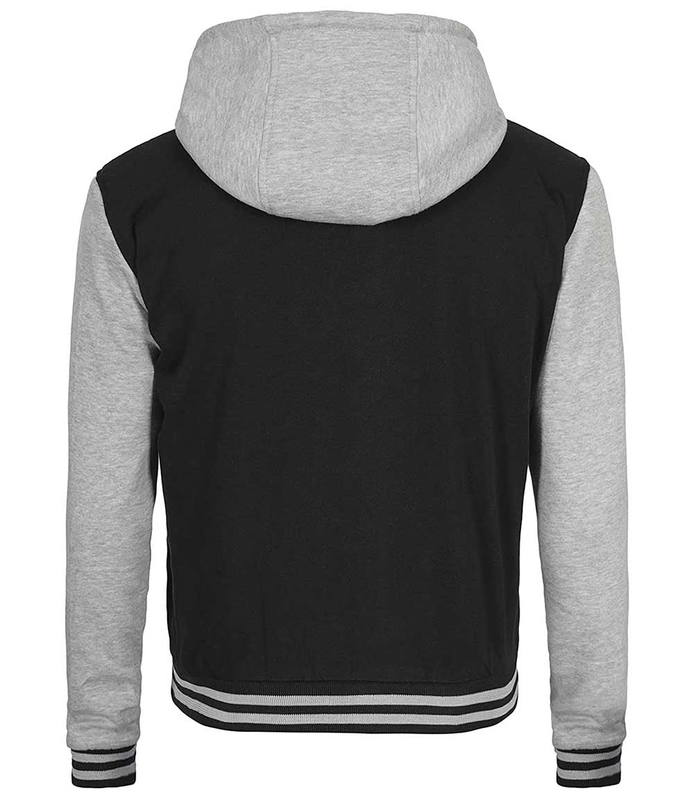 Stylish Men s Black and Grey Hooded Baseball Varsity Jacket