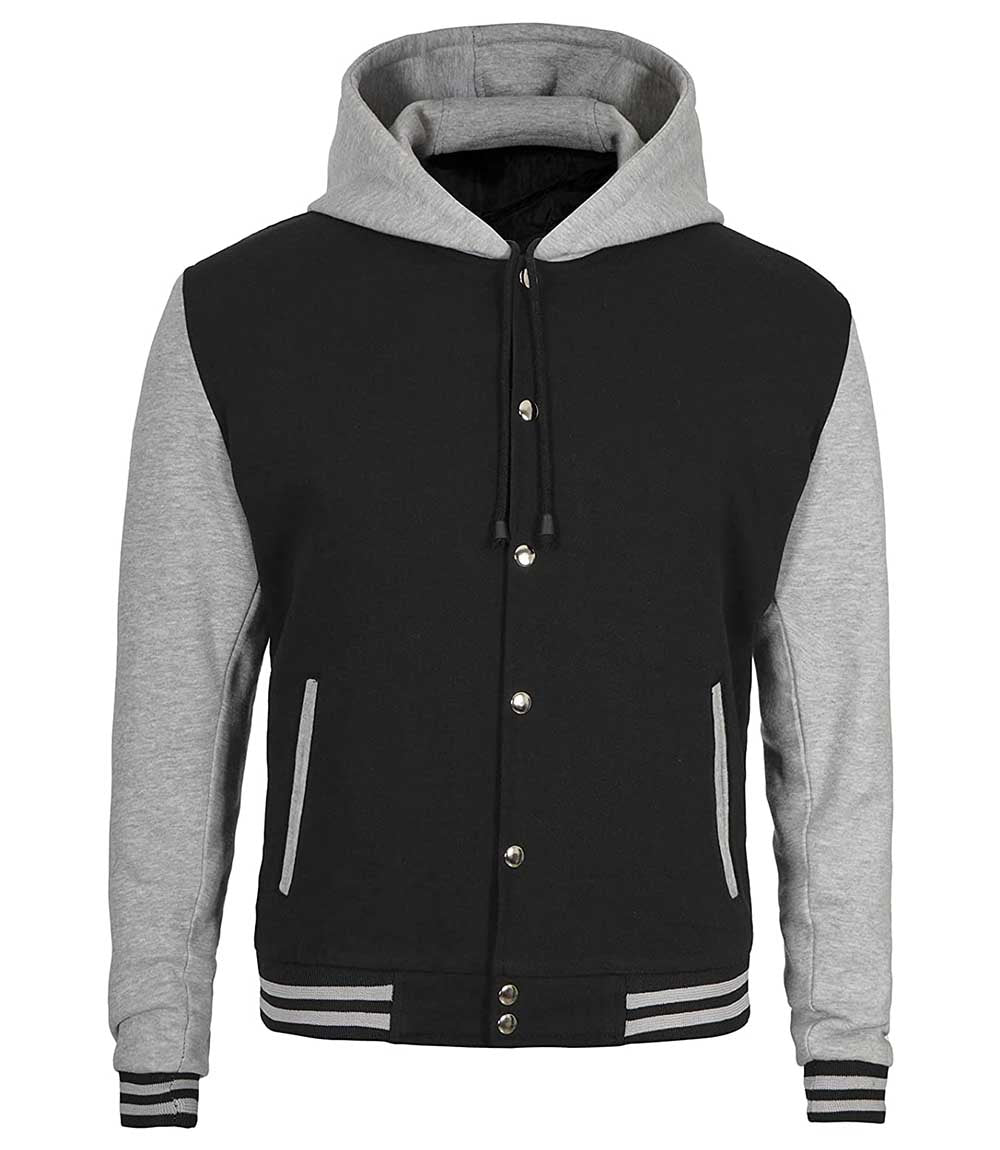 Stylish Men's Black and Grey Hooded Baseball Varsity Jacket