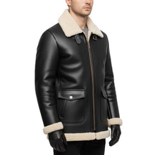 Load image into Gallery viewer, Men's Black Sheepskin Leather B3 Bomber Jacket with White Shearling Lining
