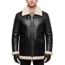 Load image into Gallery viewer, Men's Black Sheepskin Leather B3 Bomber Jacket with White Shearling Lining

