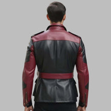 Load image into Gallery viewer, Men's Black and Burgundy Full Grain Cowhide Leather Military Jacket with Officer Collar and Adjustable Waist Belt
